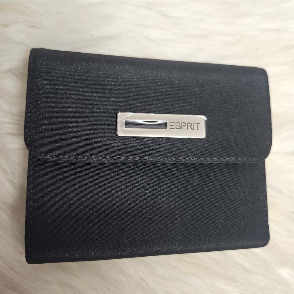 Vintage Esprit Black Trifold Wallet 90s Minimalist Nylon Y2K Logo ID Window